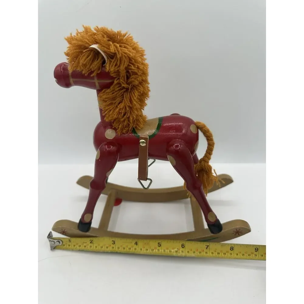 Vintage Wooden Doll Toy Rocking Horse yarn mane tail 9” Tall & Long Farmhouse